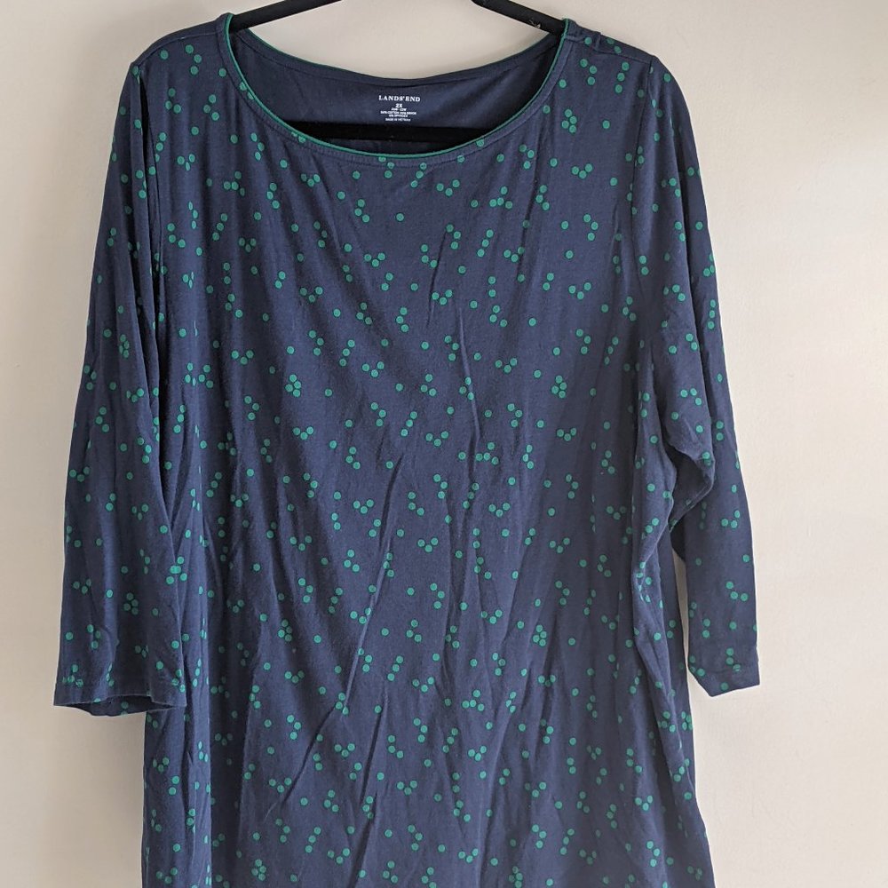 Lands' End Navy Dot Three-Quarter Sleeve Top
